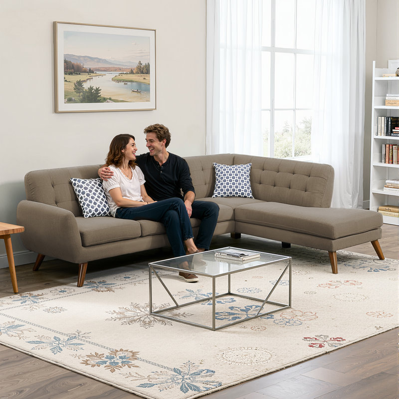 Canapé modulaire en L 2 pièces avec méridienne et tissu capitonné, Brun