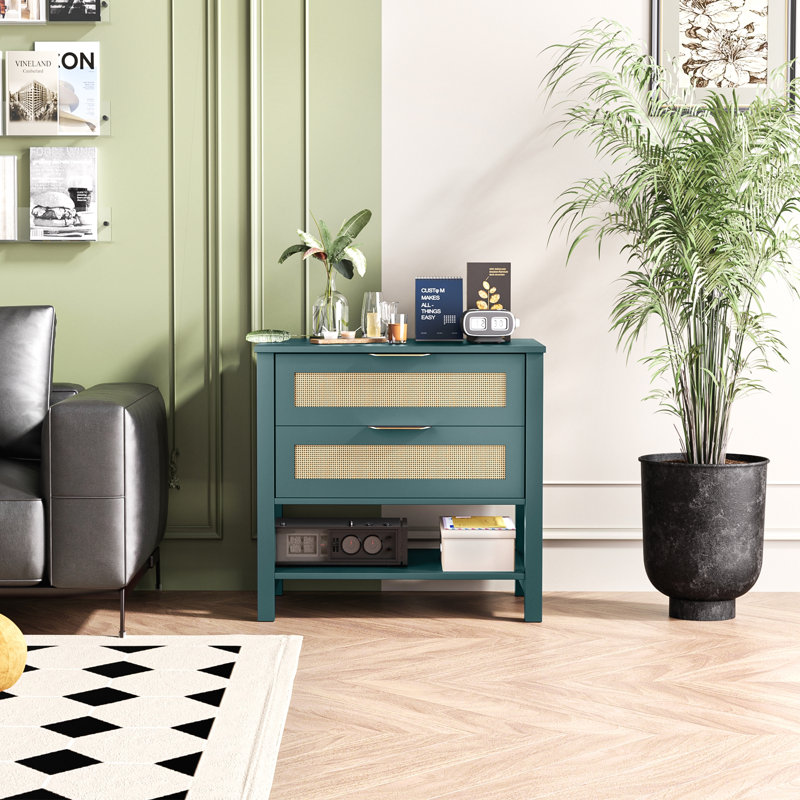 Table de chevet étroite en rotin avec 2 tiroirs et tablette de rangement Boho, Vert
