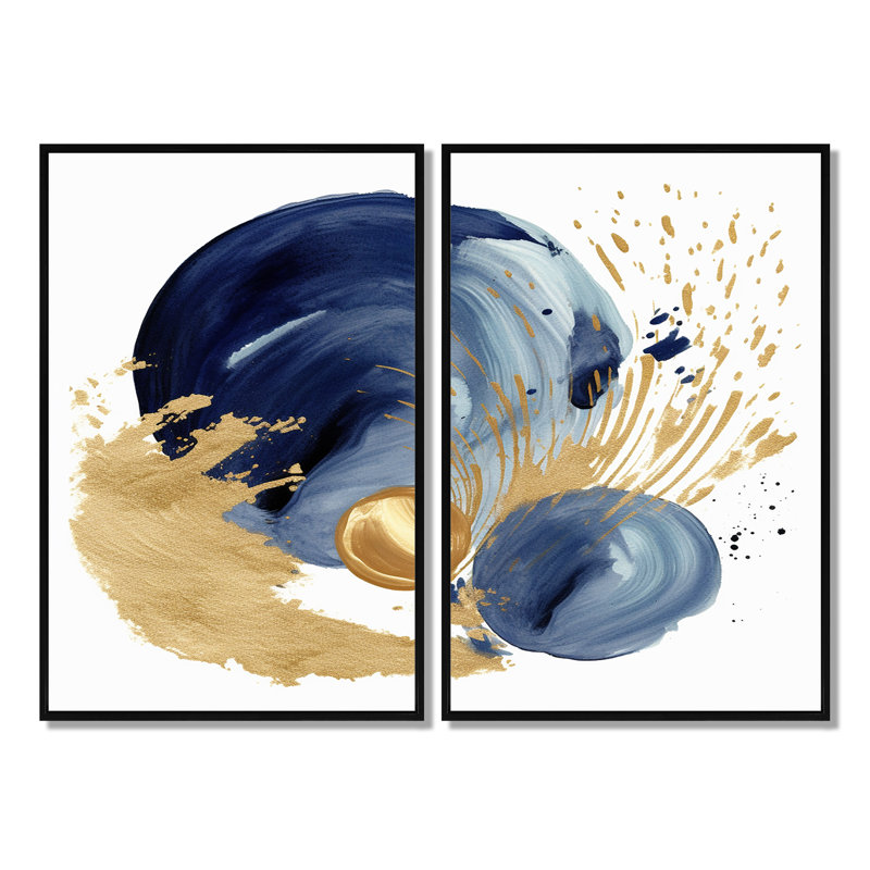 Dark Blue & Gold Abstract Circle Texture I - Abstract Geometric Canvas Wall Art, Floater Framed Print without Mat, Black