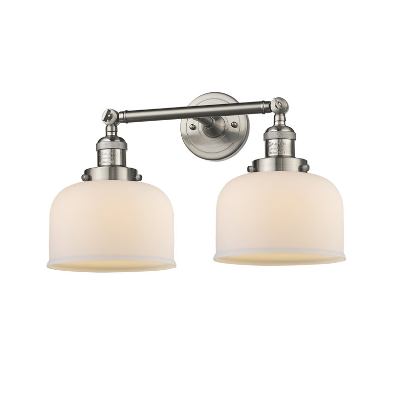 Éclairage pour meuble-lavabo 19 po 2 lumières Bell, Boîtier blanc mat, H 9 po x l 19 po, Nickel satiné brossé