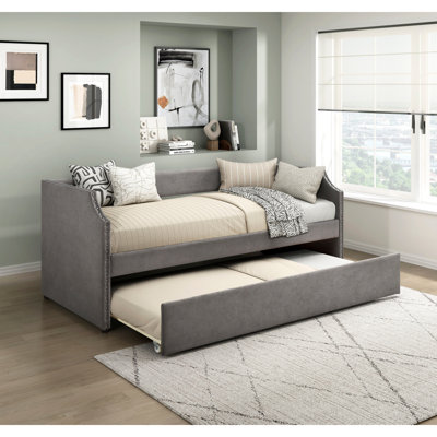Lit de jour moderne moderne avec couchette en tissu texturé gris foncé et tissu d'ameublement 1 pièce