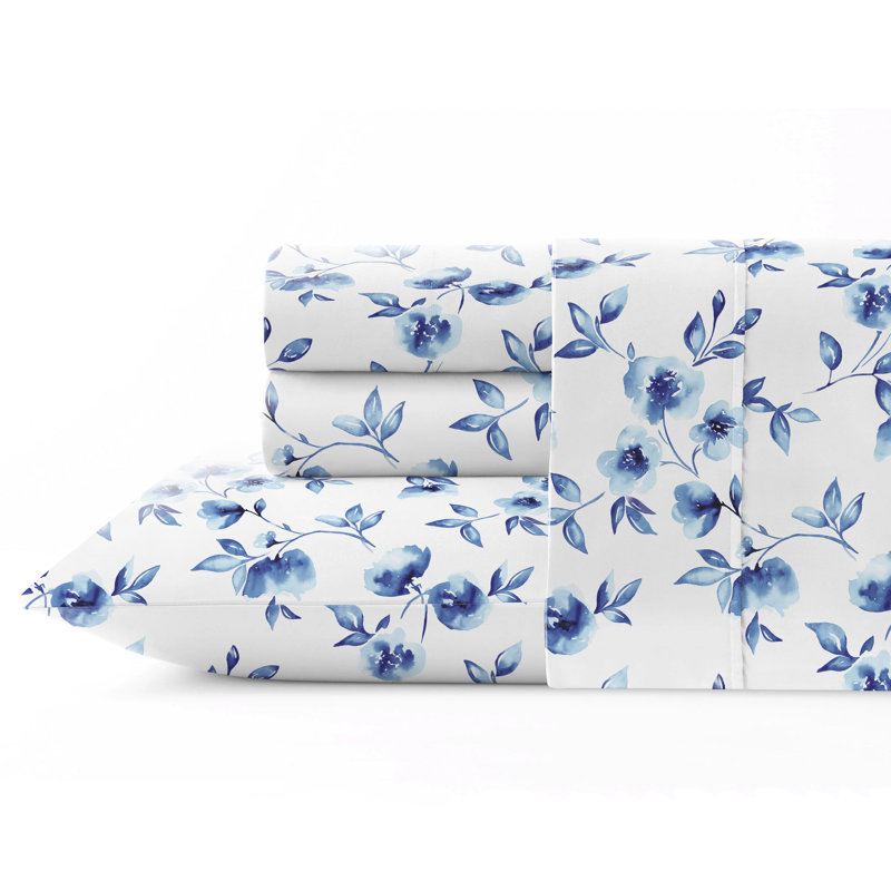 Pointehaven Water Petals White Printed Cotton Percale 3 pc Sheet Set, Twin, Twin Sheet Set, Water Petals White
