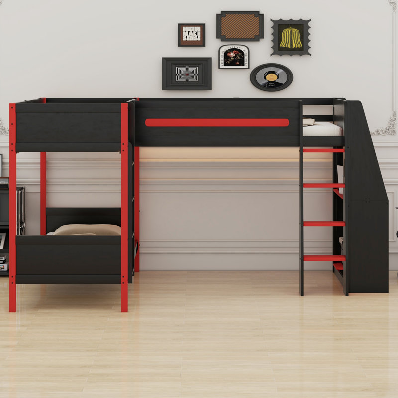 Lit superposé en L avec lit mezzanine, bureau intégré, tablettes et DEL