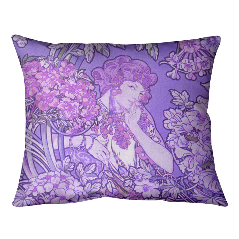 Coussin lombaire à fleurs alphonse mucha, Duvet synthétique, 14 po x 10 po, Mauve