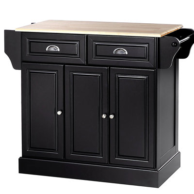 Rolling kitchen island with storage space, kitchen cart with wooden countertop, multi-functional cart with two drawers and three cabinets, towel rack and spice rack, black