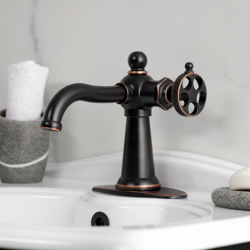 Kingston Brass Wendell Single-Handle 1-Hole Deck Mount Bathroom Faucet with Knurled Handle and Push Pop-Up Drain