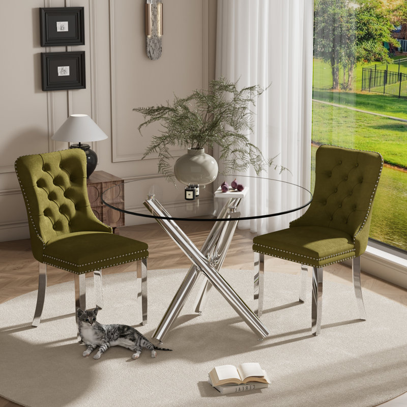 Ensemble de salle à manger 3 pièces 3 pièces, Argent, Vert olive / argent