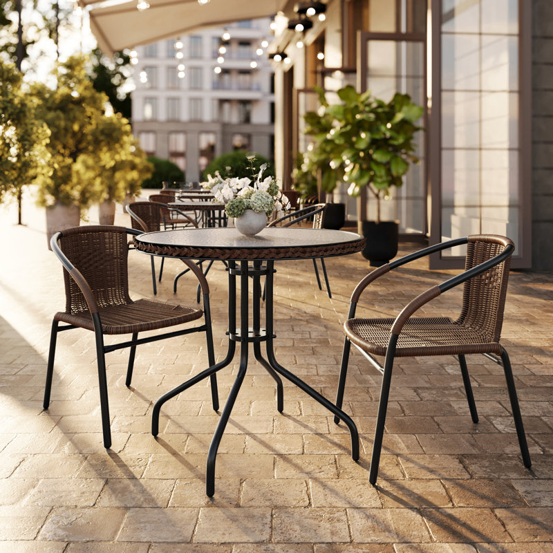 28'' Round Metal Table with Rattan Edging and 2 Rattan Stack Chairs, Dark Brown