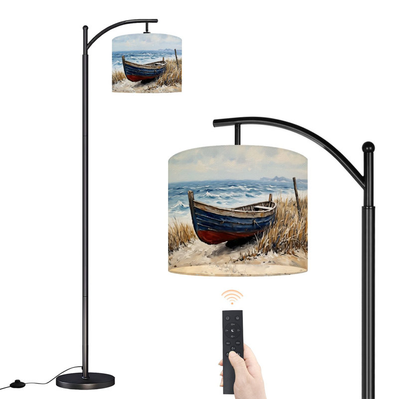 Arc Floor Lamp with Adjustable Lampshade Coastal Boat Hand Painted Seaside Sailboat Landscape Wooden Boat Shore Standing Lamp 3 Color Temperatures Dimmable Tall Pole Lamp with Foot Switch for Bedroom