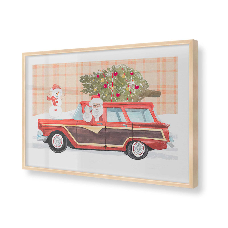 Imprimé wagon du Père Noël, Érable brut encadré, H 19 po x l 25 po
