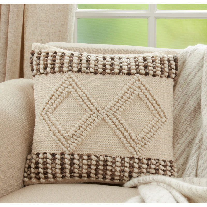 Ivory and Brown Woven Diamond Textured Square Throw Pillow