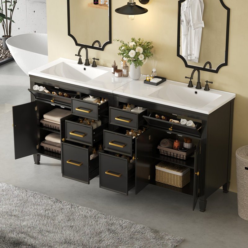72" 2-Piece Freestanding Bathroom Vanity Set with Ceramic Sinks, 6 Soft-Close Drawers, White, Black, Black