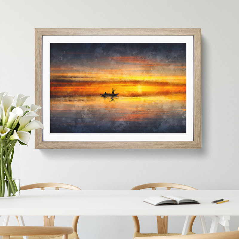 A Boat At Sunset - Single Picture Frame Painting on MDF, 35cm H x 50cm W x 2cm D, Oak