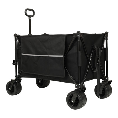 Chariot allongé pliable et pliable, capacité de poids de 480 lb, chariot de jardin pliant robuste avec grandes roues tout-terrain et porte-boissons, poche latérale et freins, noir