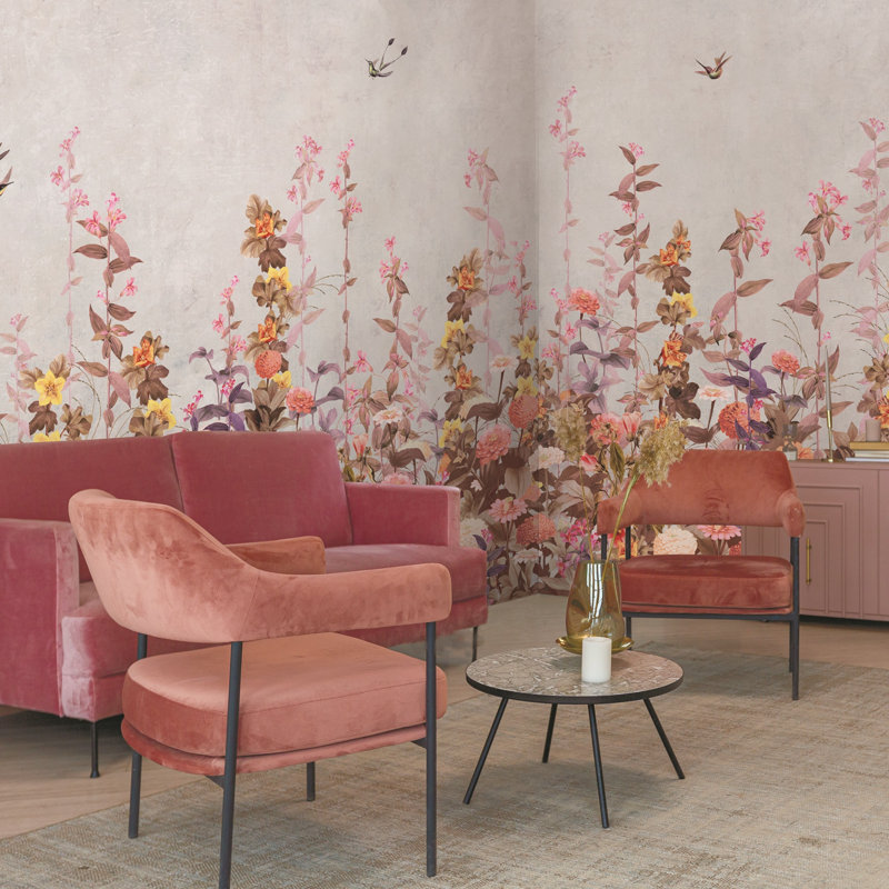 Murale de paysage de village moderne abstrait, L 110,04 po x l 204 po, Rose
