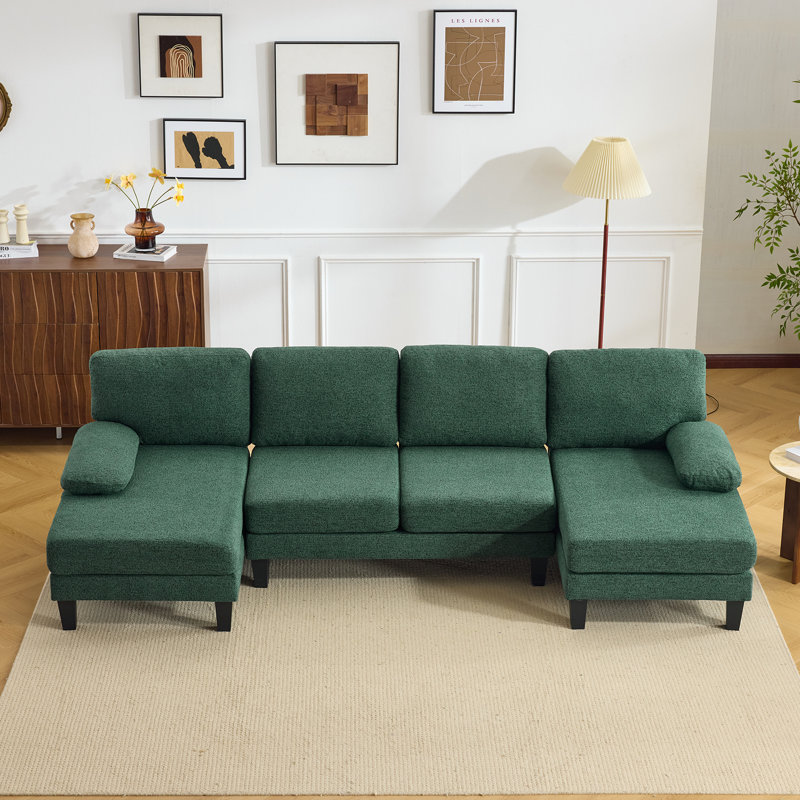 Canapé modulaire en chenille avec accoudoirs coussinés, Chenille verte