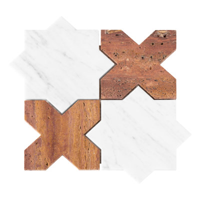 Red Travertine & Carrara White Marble Star Cross Pattern Honed Mosaic Wall & Floor Tile