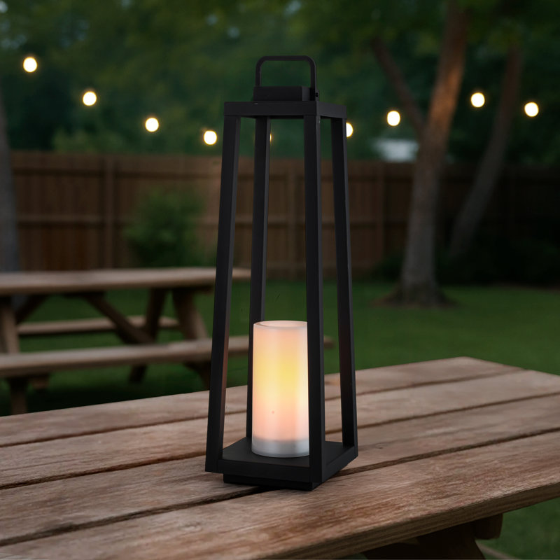 1 Light H16" Modern Matte Black Solar Lantern With Candle Shape Outdoor Light Decorative Portable Hanging Led Lights For Patio Camping