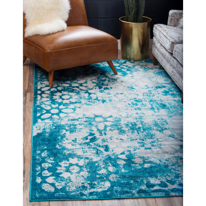 Brandt Floral Area Rug, Rectangle 9' x 12', Turquoise/White