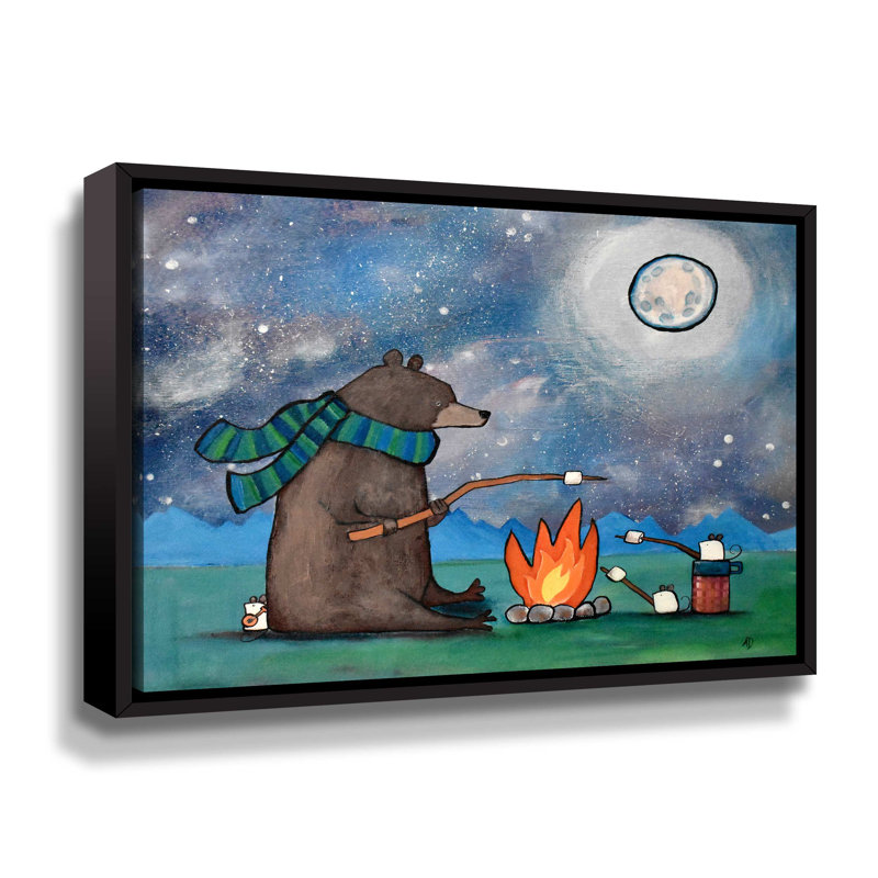 «Camping Bear Mouse» par Andrea Doss - Peinture sur toile, H 36 po x l 48 po x P 2 po, Toile encadrée noire