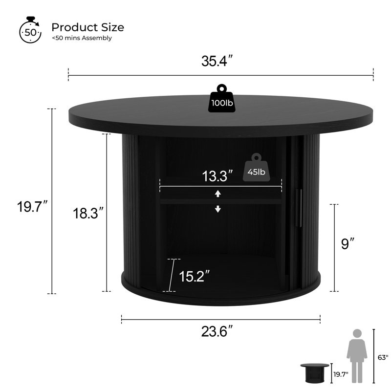 35.4" W Round Coffee Table with Storage, Mid Century Modern Table for Living Room, 19.7" H x 35.4" L x 35.4" W, Black
