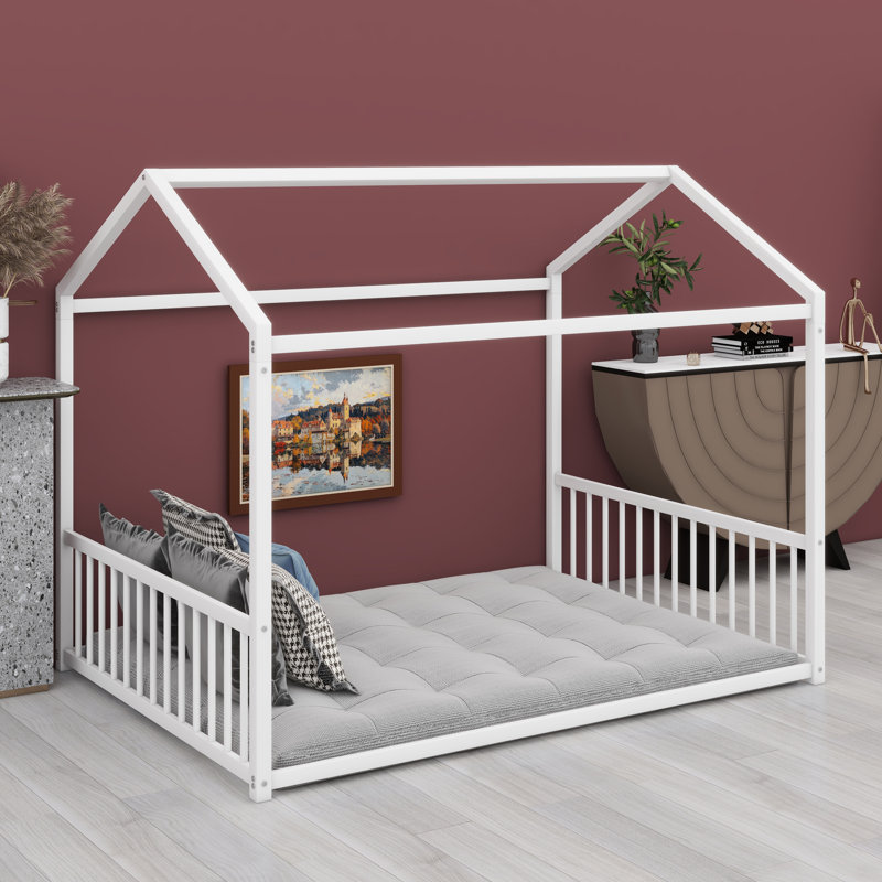 Structure de lit Montessori avec silhouette en forme de maison, Blanc, Lit double