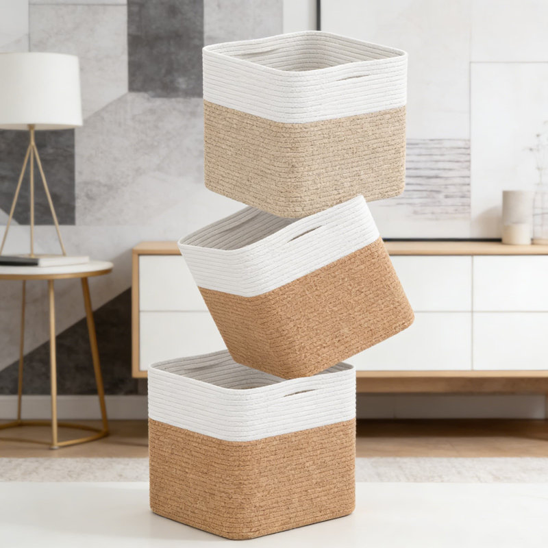 Paniers de rangement en coton tissé avec poignées, cubes de rangement décoratifs de 11 pouces pour jouets, couvertures et organisation à domicile, pliables et durables (paquet de 3)