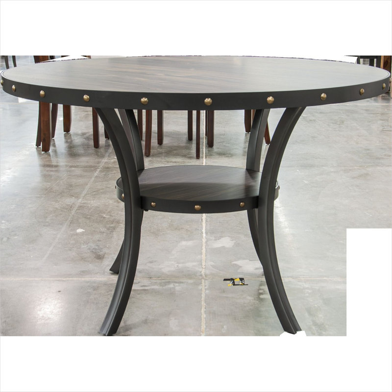 Table de salle à manger ronde en bois massif avec garniture cloutée et étagère de rangement, 122 cm (48 po), quatre couverts, pour salle à manger