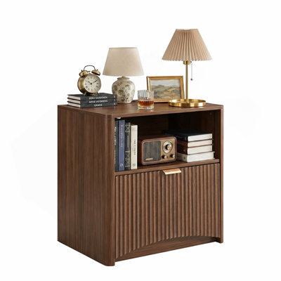 Nightstands Set of 2, Mid Century Modern Bedside Table with Charging Station, Fluted Nightstand with Drawer and Storage, Wood Large Night Stand for Be
