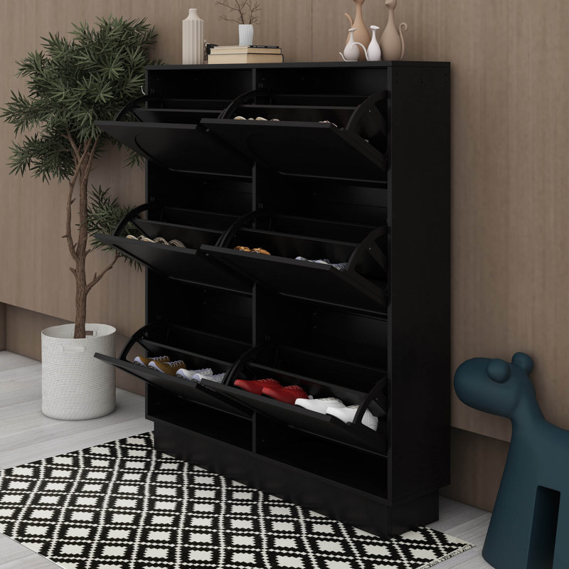 Modern Narrow Shoe Cabinet With 6 Flip Drawers, Adjustable Shelf & Partition, 3 Hooks For Hanging Essentials, Black