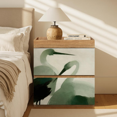 Crane Pattern Nightstand with 2 Drawers, Rustic Bedside Storage Cabinet, Oriental-Inspired Accent Furniture for Bedroom - 24" L x 16" W x 26" H