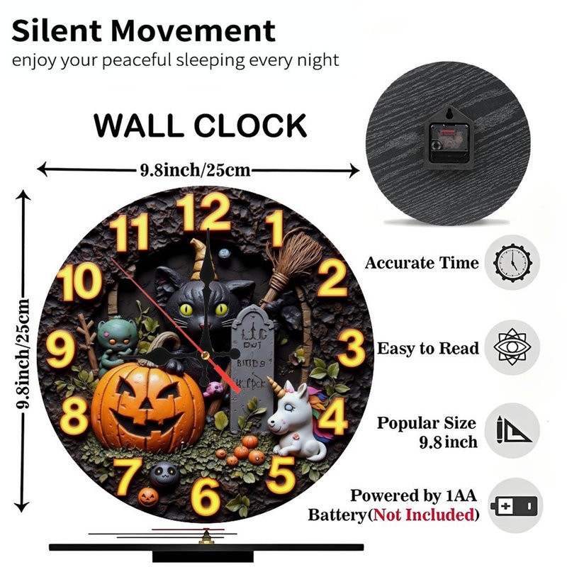 Horloge d'Halloween pour chat avec licorne