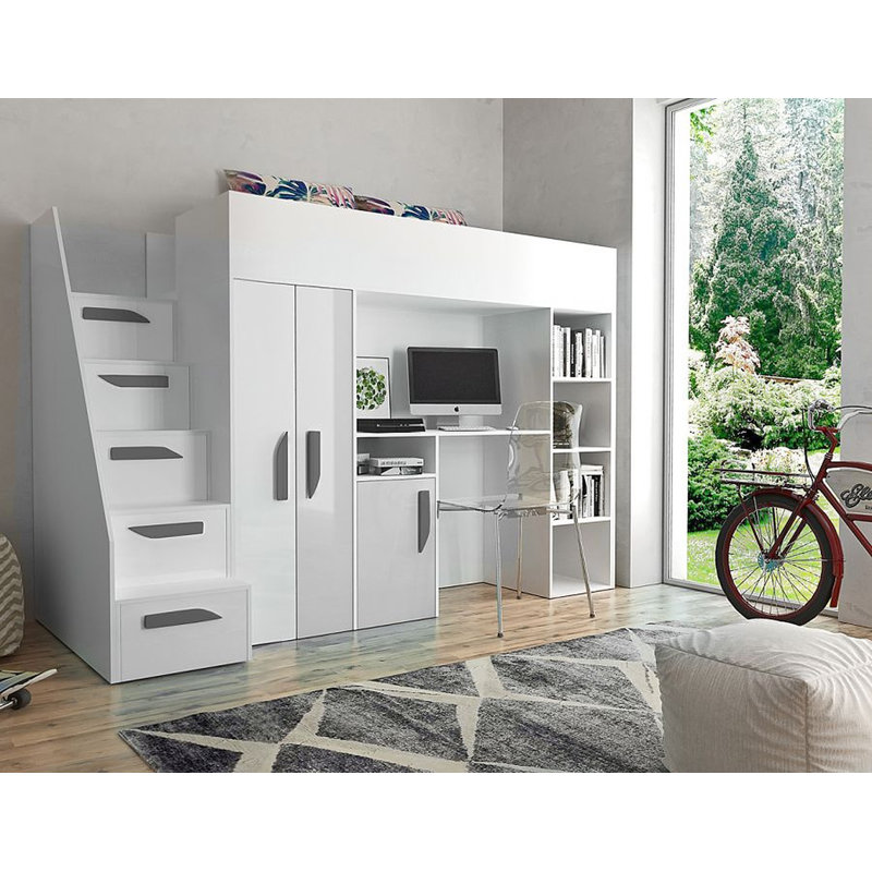 Farrar European Single (90 X 200 Cm) Loft Bed Mate's & Captain's with Storage Included with Desk Included, White/Grey