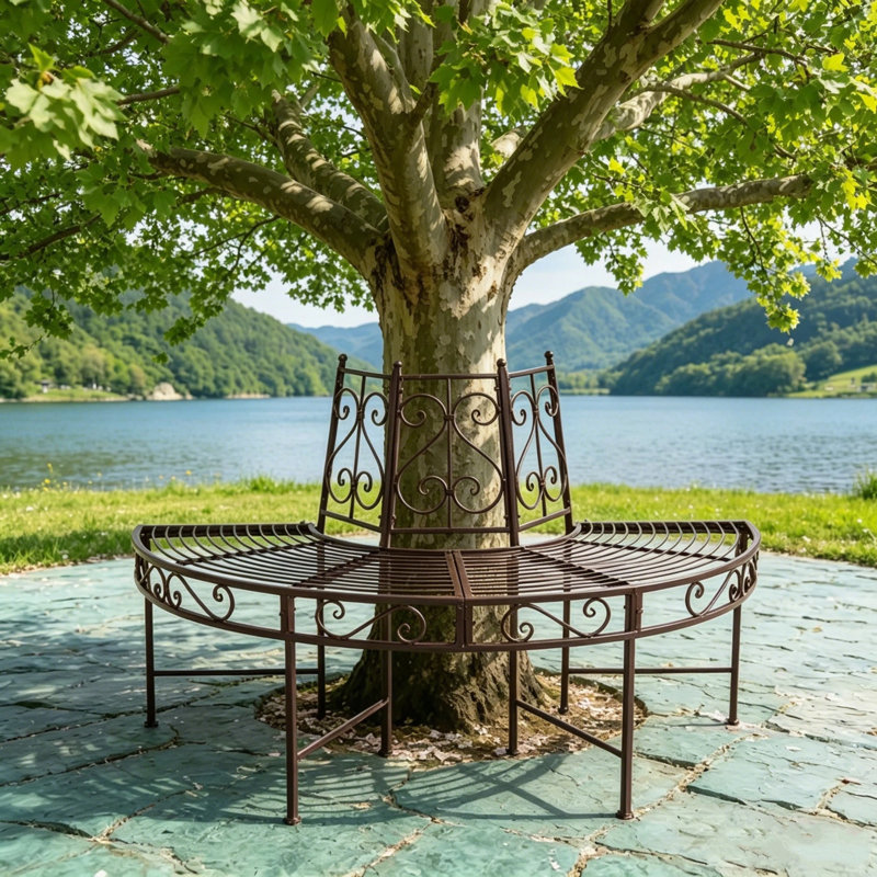 Banc d'arbre demi-rond en fer forgé, banc d'arbre incurvé en bronze antique, siège d'arbre circulaire résistant aux intempéries pour la pelouse du jardin