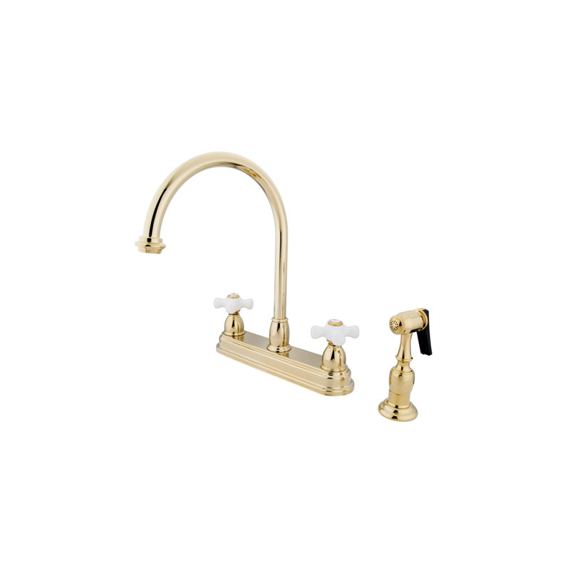 Kingston Brass Restoration Two-Handle 4-Hole 8" Centerset Kitchen Faucet with Side Sprayer, Polished Brass