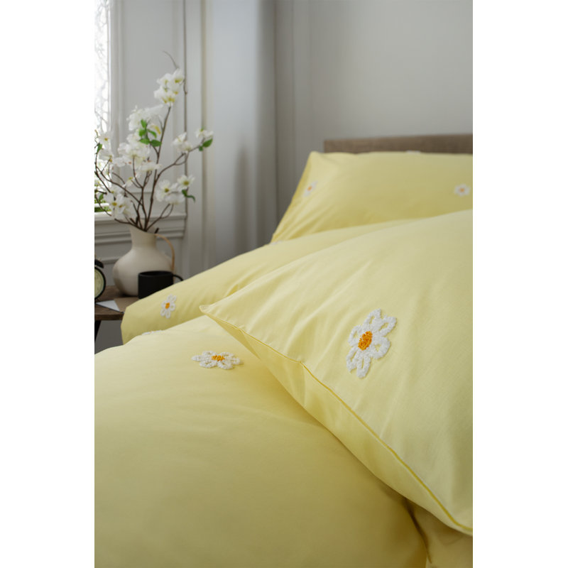 Tufted Daisy 100% Cotton Duvet Cover Set, Soft And Cotton Floral Duvet Cover Set with Pillowcases, Yellow