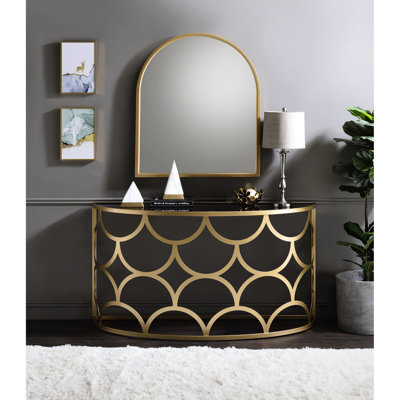Console dorée avec plateau en verre trempé demi-lune de 8 mm et base en métal, capacité de poids de 70 lb, l 54 po x H 29 po, bureau sans rangement, plateau, limite, tablette