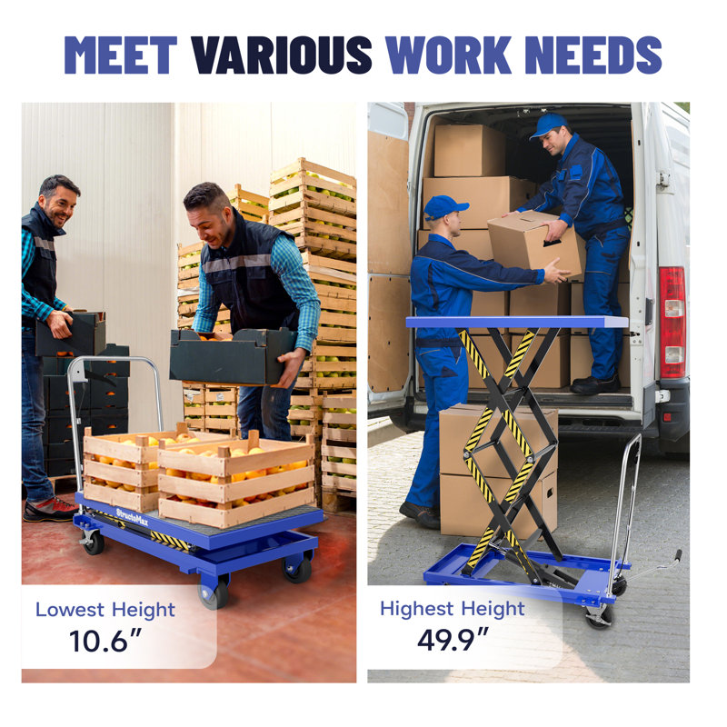 StructoMax Hydraulic Lift Table Cart - 330lbs Capacity, Enlarged Tabletop and Easy Operation, Swivel Casters with Brakes - Double Scissor Lift for Material Handling and Transportation, Blue