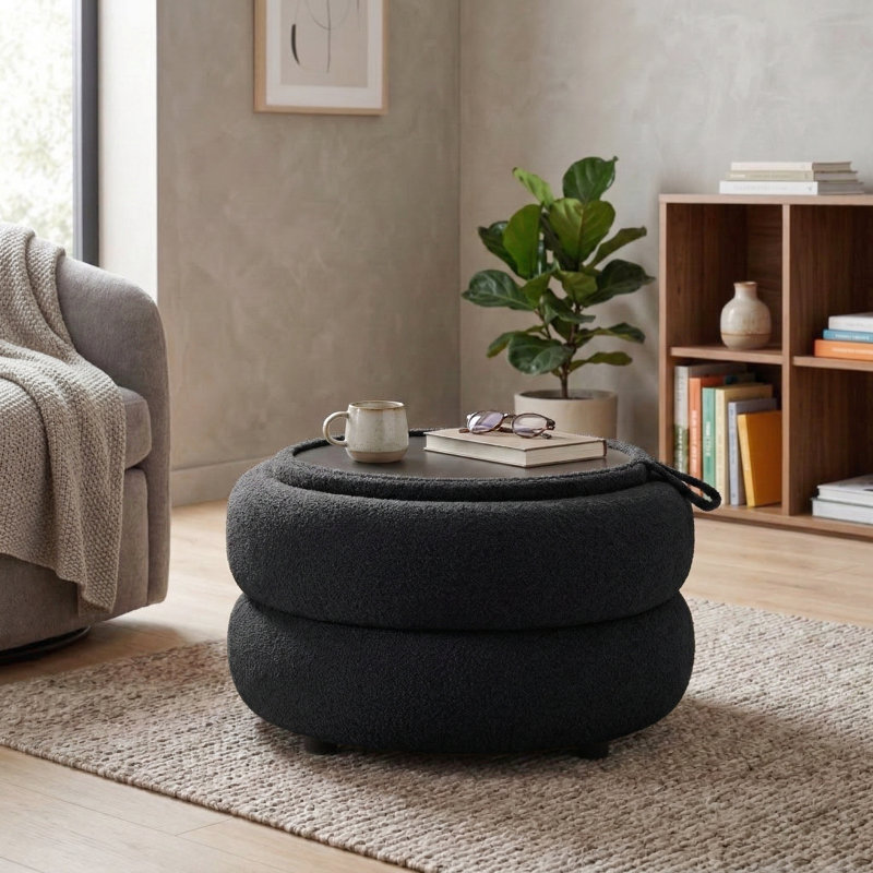 Round Coffee Table With Storage, Black Teddy