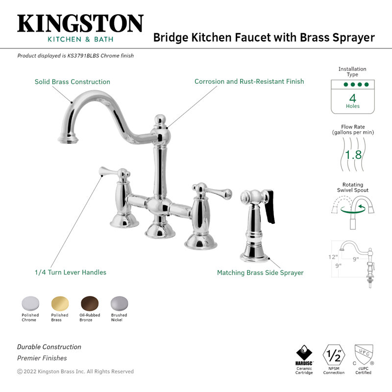Robinet de cuisine à fixation sur comptoir à deux poignées à 4 trous avec douchette latérale en laiton Kingston, Chrome poli