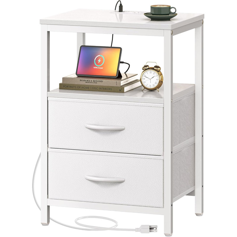 Table de chevet blanche avec station de charge, similicuir avec tiroirs en tissu