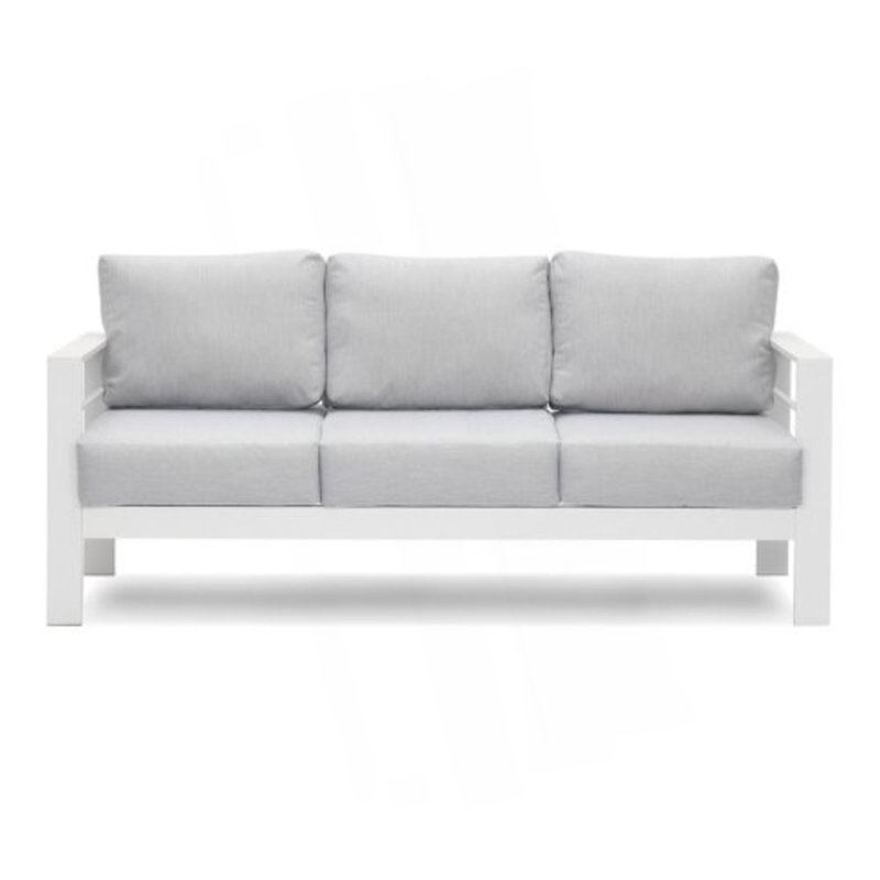 73" All-Weather Aluminum Patio Sofa, 3 Seat Outdoor Couch With Thick Light Gray Cushions & White Frame, White