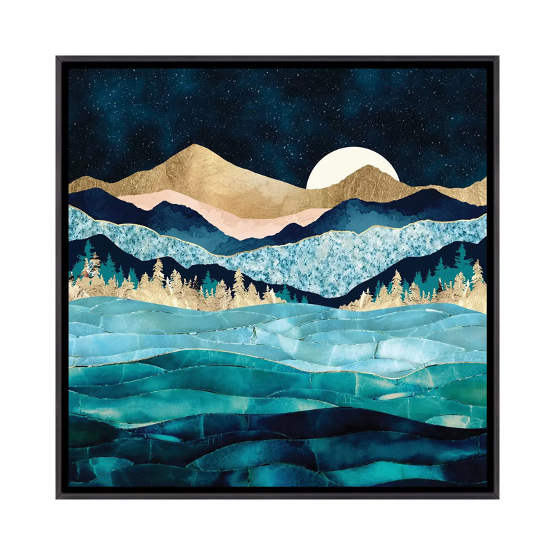 Midnight Ocean - impression d'art graphique, 37" H x 37" W x 1.5" D, Aucun mat, Toile avec cadre noir patiné