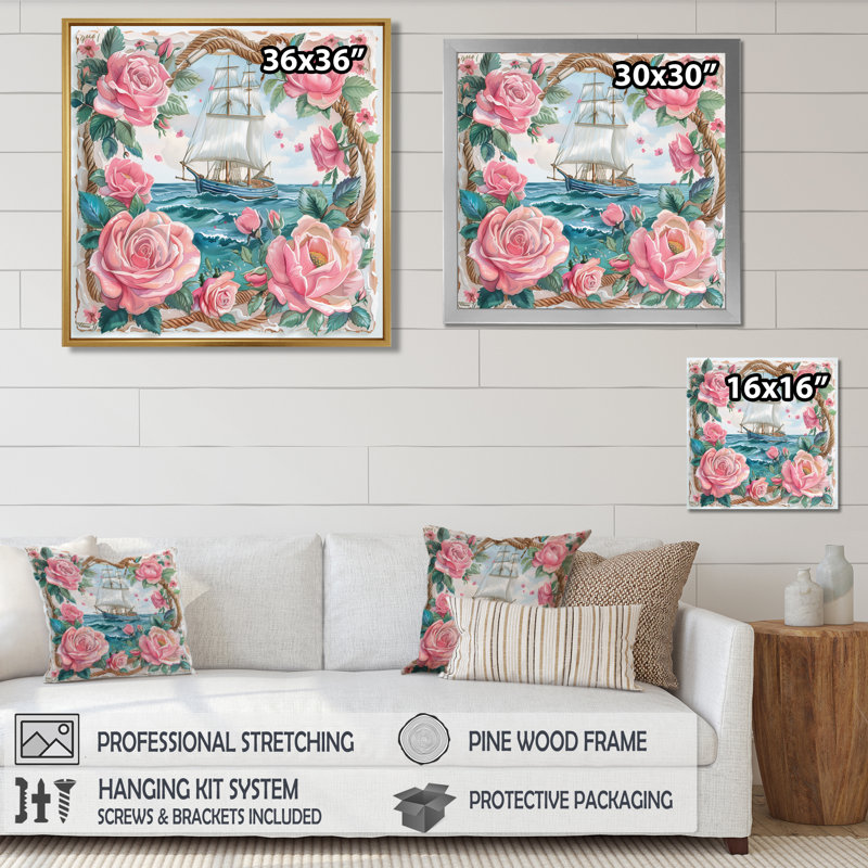 Ancre de pirate rose avec roses roses III - impression d'art mural côtier, Toile tendue, H 16 po x l 16 po x P 1 po