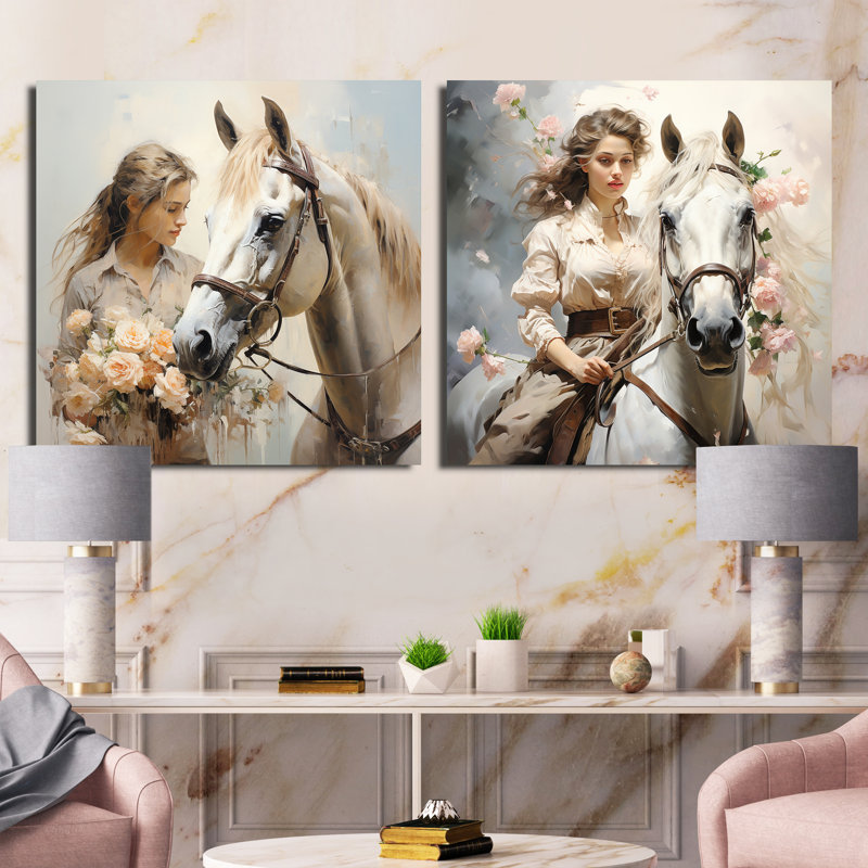 «Playful Flower Horse Beauty», ensemble de 2 animaux carrés, Toile tendue, H 16 po x l 33 po