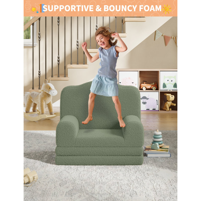 Kids Sofa Chair, Sherpa Convertible Toddler Couch with Washable Cover, Crown Design Comfy Children's Reading Chair, Fold Out Sofa Bed for Playroom, Nursery