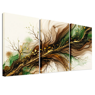 Abstract Branches Gold Green and Brown Fluid Art Set Of 3 Canvas Wall Art