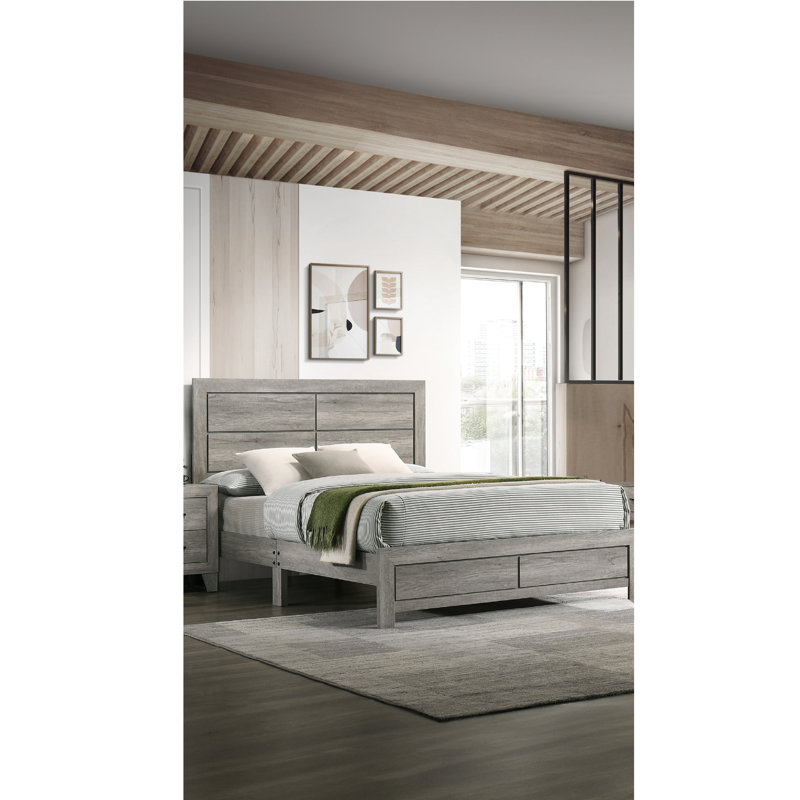 Lit plateforme double contemporain gris pleine grandeur, tête de lit à grain de bois rustique et propre, un lit par paquet, assemblage simple avec grain, facile à entretenir, aucun sommier tapissier requis