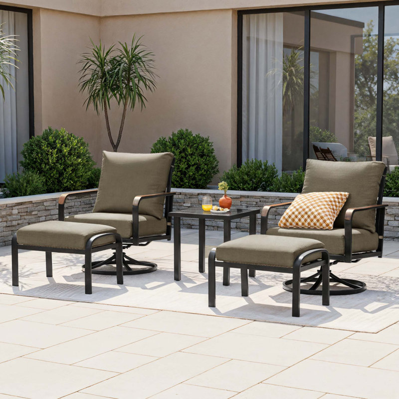 5 Pieces Outdoor Conversation With High Back Swivel Rocking Chairs And Ottoman, Black Frame/Shale Cushion, Yes