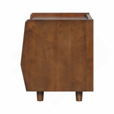 Walnut Nightstand with Rattan Detail, MDF + Solid Wood, Modern Bedroom Storage, Open Shelf & Drawer, Indoor Furniture